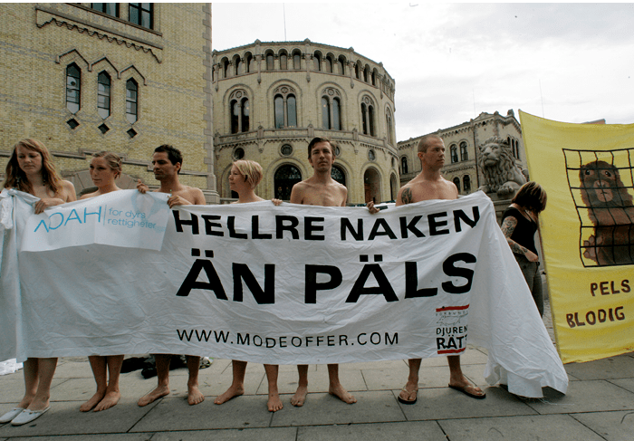 OSLO 20060717: Aktivister fra dyrevernorganisasjonene NOAH og Djurens rett demonstrerte mandag utenfor Stortinget under parolen heller naken enn pels. Hellre naken n p ls . Pels er blodig mote . Foto: Morten Holm / NTB